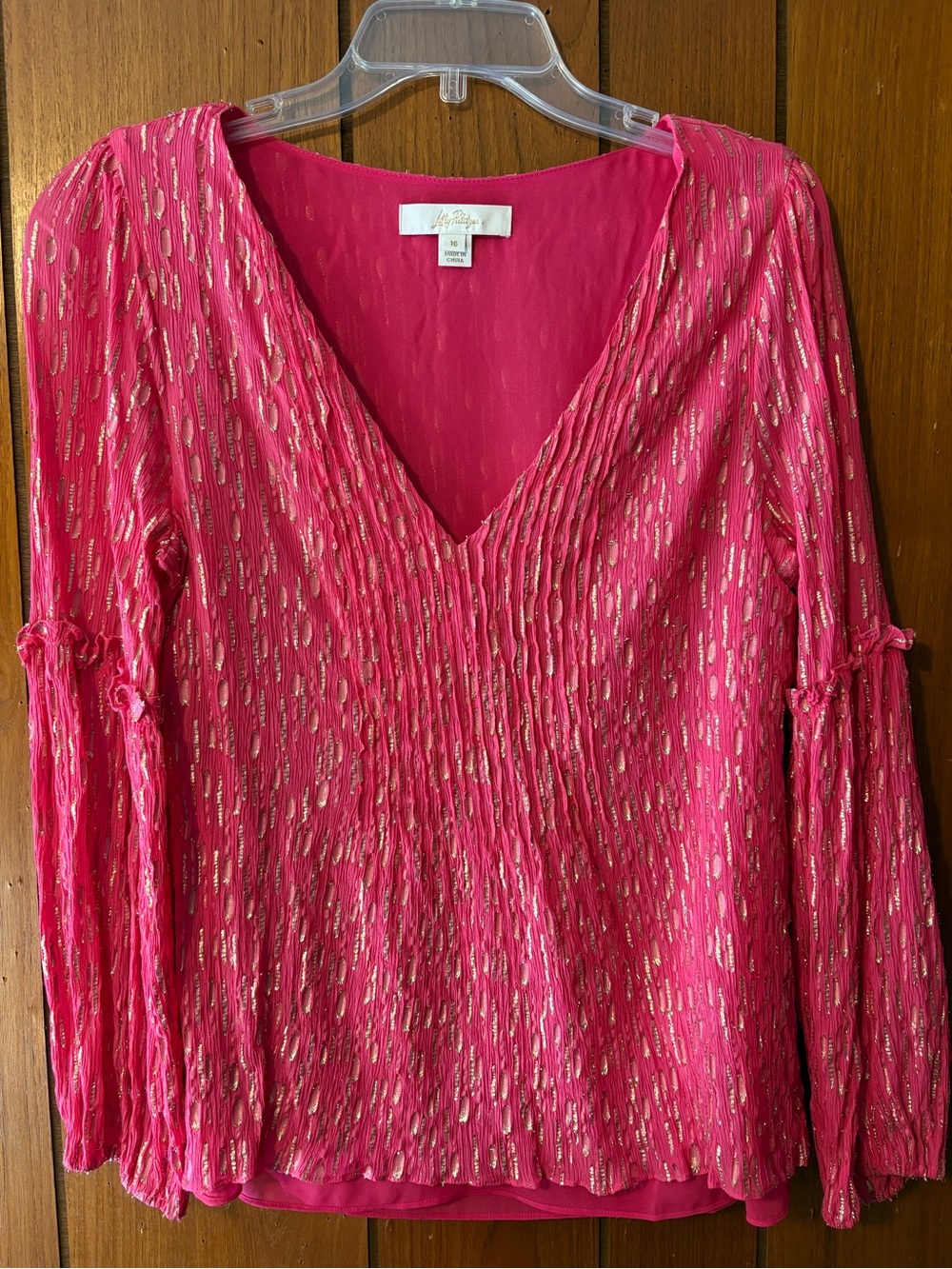Lilly Pulitzer Hot Pink Metallic-Accent V-Neck Blouse